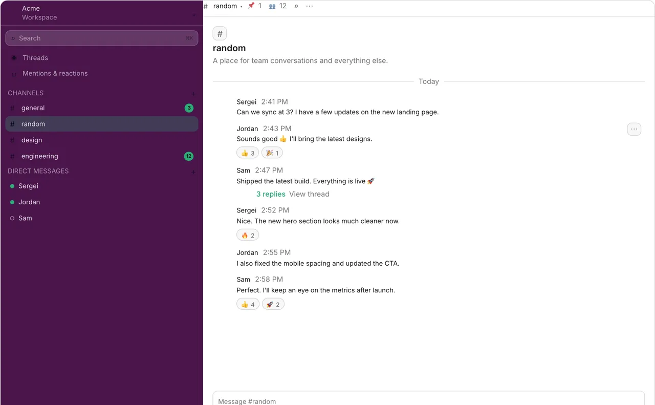 Team Chat interface layout template preview in PaletteDesk