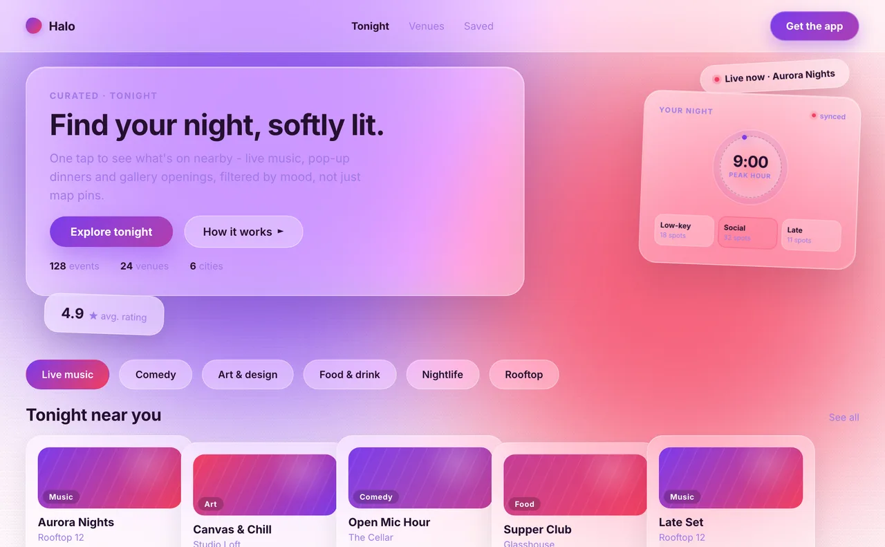 Glassmorphism website design style template preview in PaletteDesk